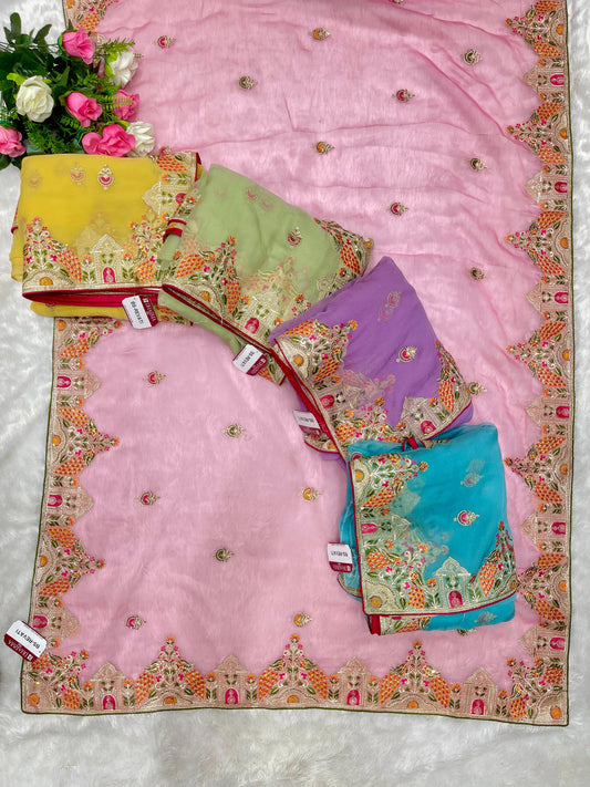 BS-REVATI Vari Chiffon saree with heavy multi thread work with peacock deisgn with diamond work all pestal matching