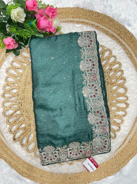 BS-FERRARI FENDI SATIN SAREE WITH EMBORIDERY WORK THREAD WORK DIAMOND WORK ALL OVER WITH HEAVY BLOUSE