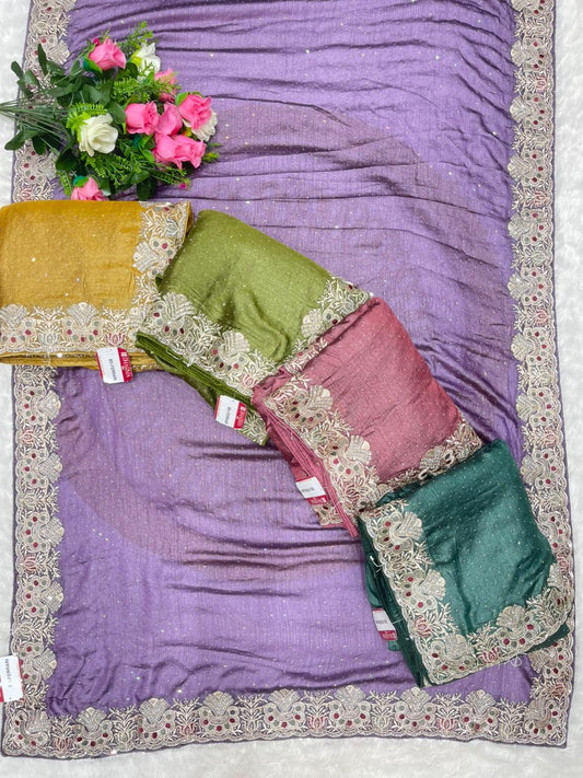 BS-FERRARI FENDI SATIN SAREE WITH EMBORIDERY WORK THREAD WORK DIAMOND WORK ALL OVER WITH HEAVY BLOUSE