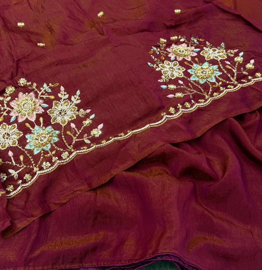 NN-2077 Kiwi crush fabric with multi thread c-pallu work with contrast heavy embroidary work