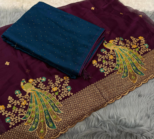 NN-2079 Moss chiffon fabric with chatni work allover saree with beautiful pipping and latkan on it with contrast heavy embroidary work