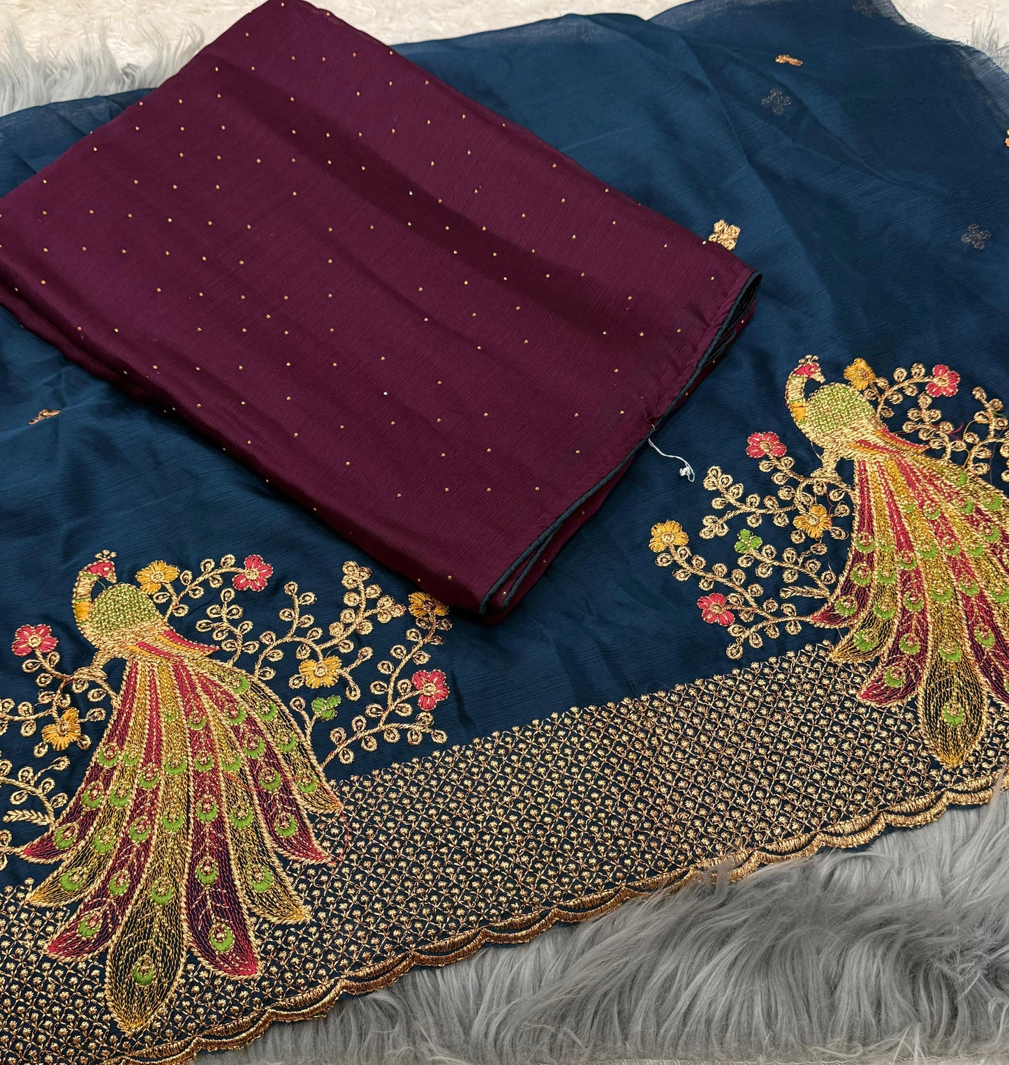 NN-2079 Moss chiffon fabric with chatni work allover saree with beautiful pipping and latkan on it with contrast heavy embroidary work