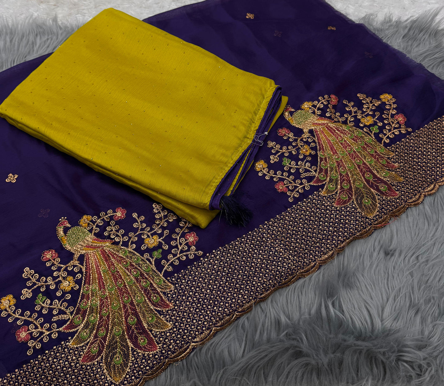 NN-2079 Moss chiffon fabric with chatni work allover saree with beautiful pipping and latkan on it with contrast heavy embroidary work