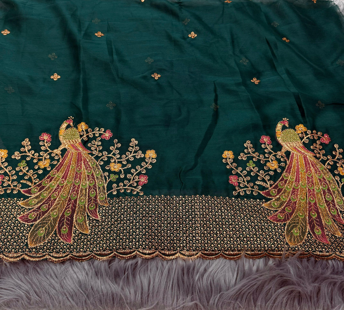 NN-2079 Moss chiffon fabric with chatni work allover saree with beautiful pipping and latkan on it with contrast heavy embroidary work