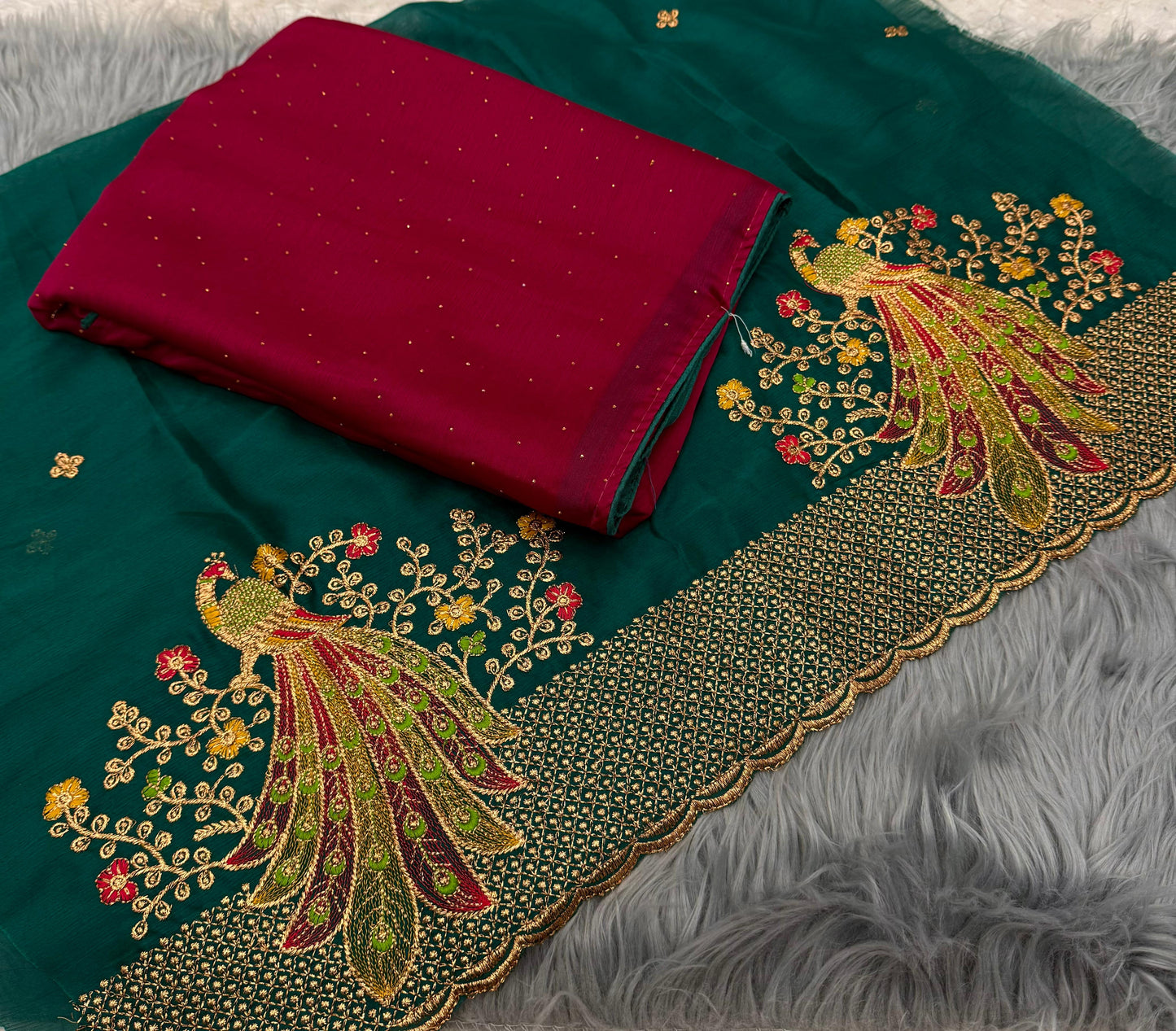 NN-2079 Moss chiffon fabric with chatni work allover saree with beautiful pipping and latkan on it with contrast heavy embroidary work