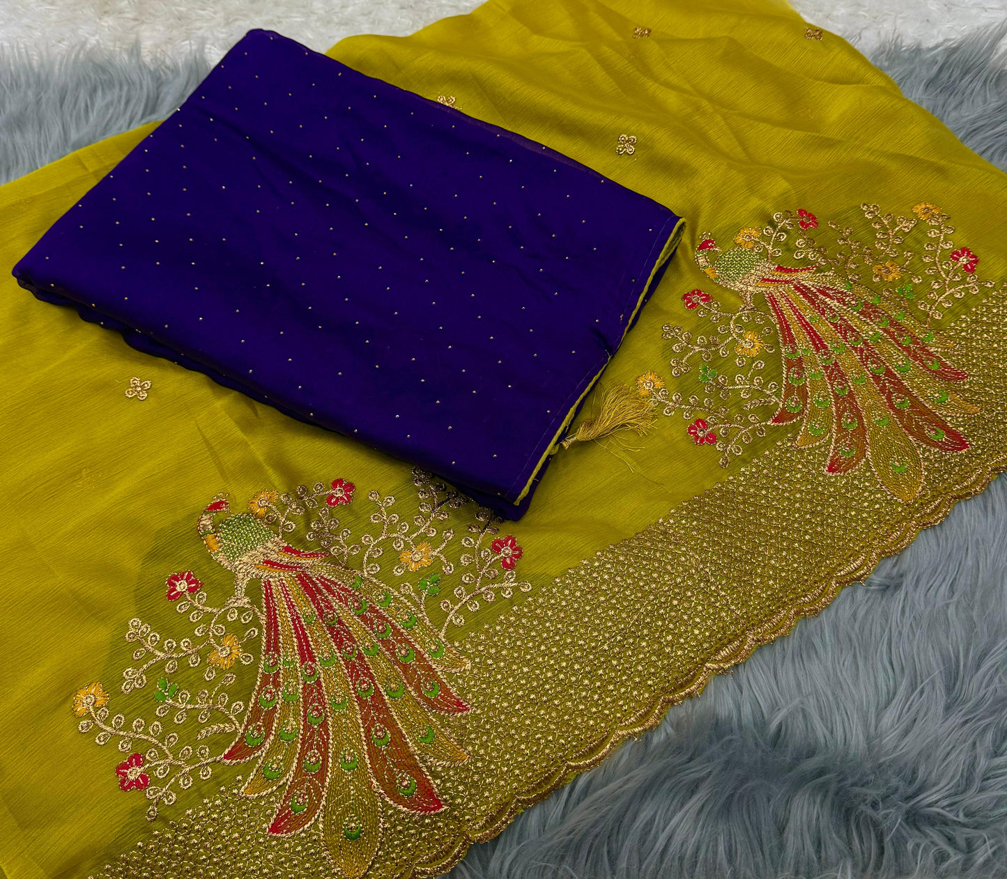 NN-2079 Moss chiffon fabric with chatni work allover saree with beautiful pipping and latkan on it with contrast heavy embroidary work