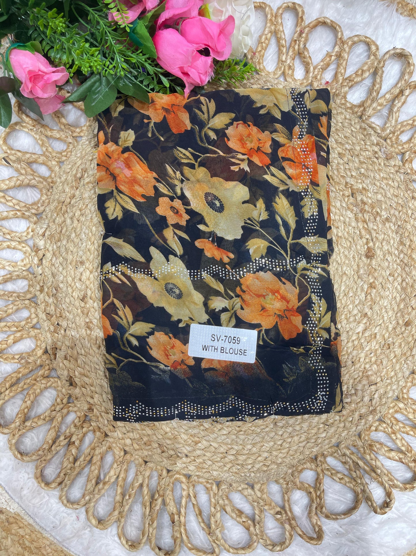 SV-7059 CHIFFON SAREE WITH BLACK COMMON WITH SIROSKI ALL OVER