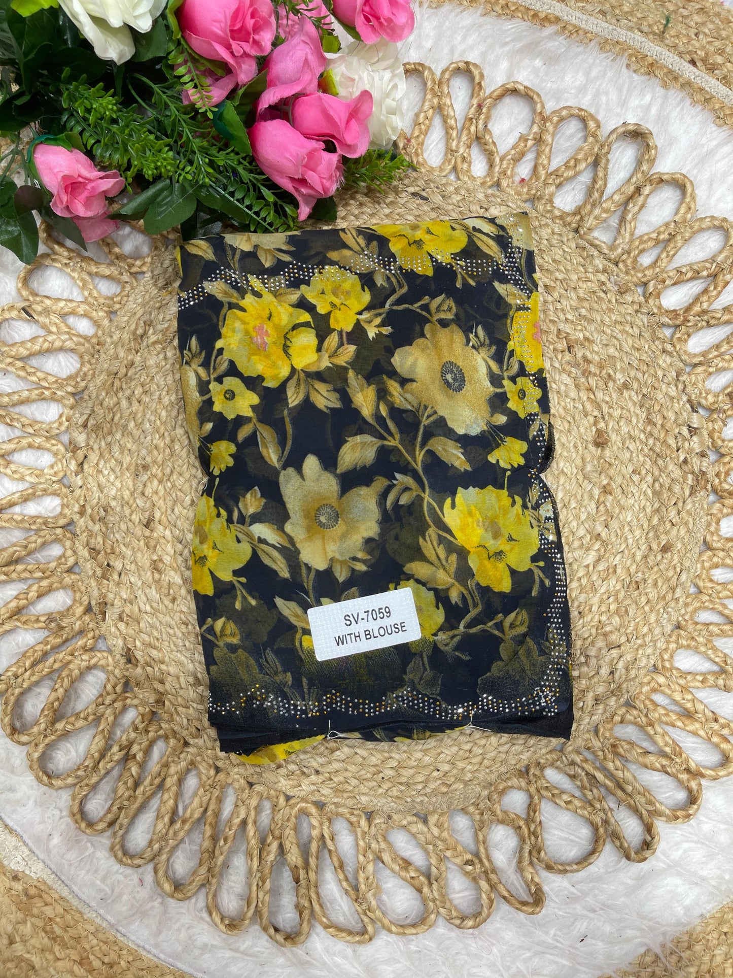 SV-7059 CHIFFON SAREE WITH BLACK COMMON WITH SIROSKI ALL OVER