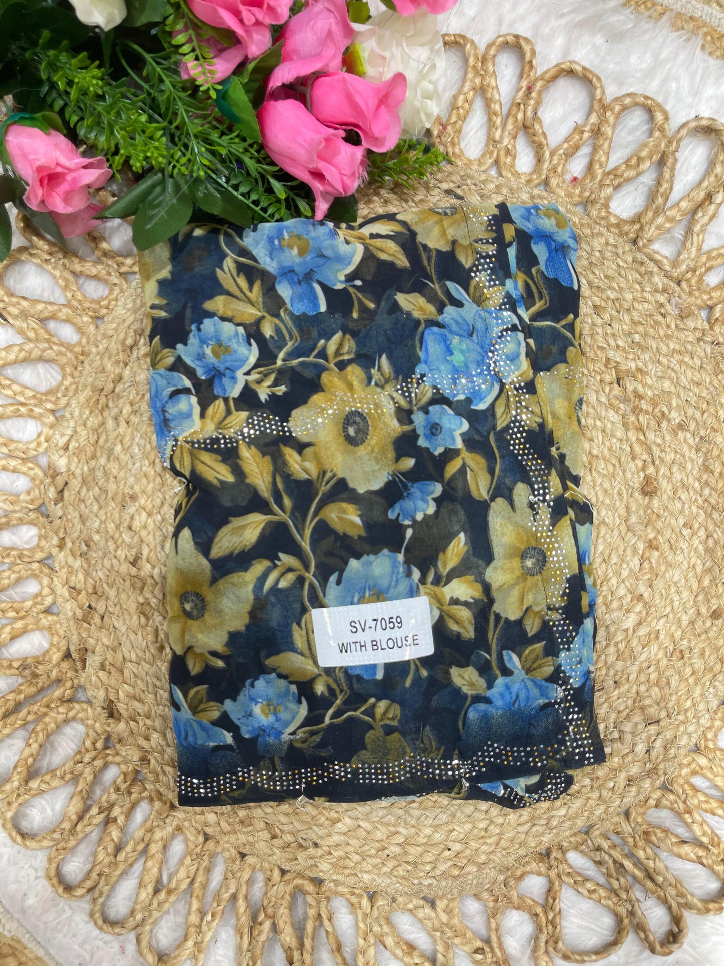 SV-7059 CHIFFON SAREE WITH BLACK COMMON WITH SIROSKI ALL OVER