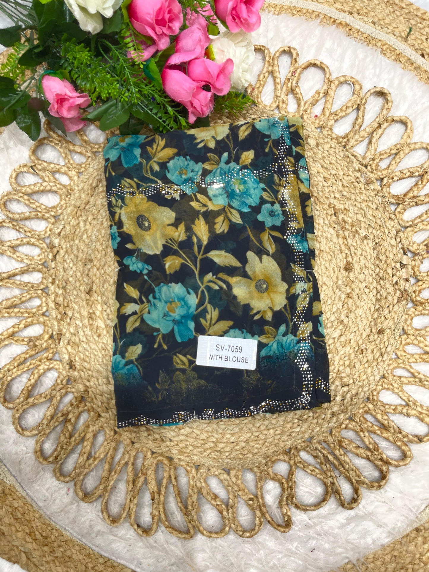 SV-7059 CHIFFON SAREE WITH BLACK COMMON WITH SIROSKI ALL OVER