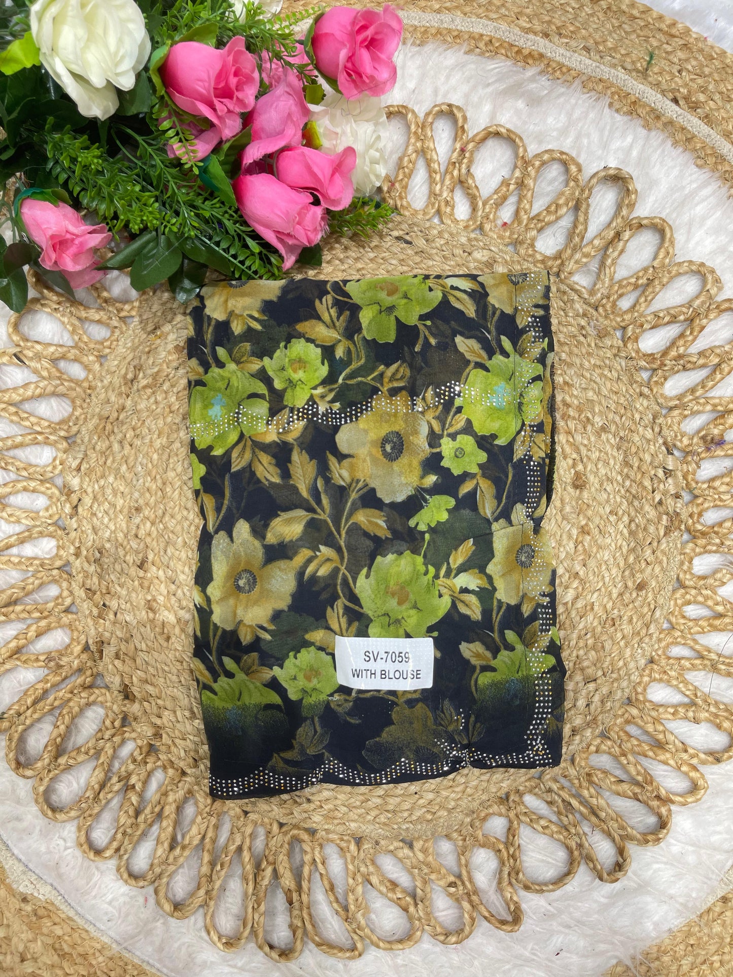 SV-7059 CHIFFON SAREE WITH BLACK COMMON WITH SIROSKI ALL OVER