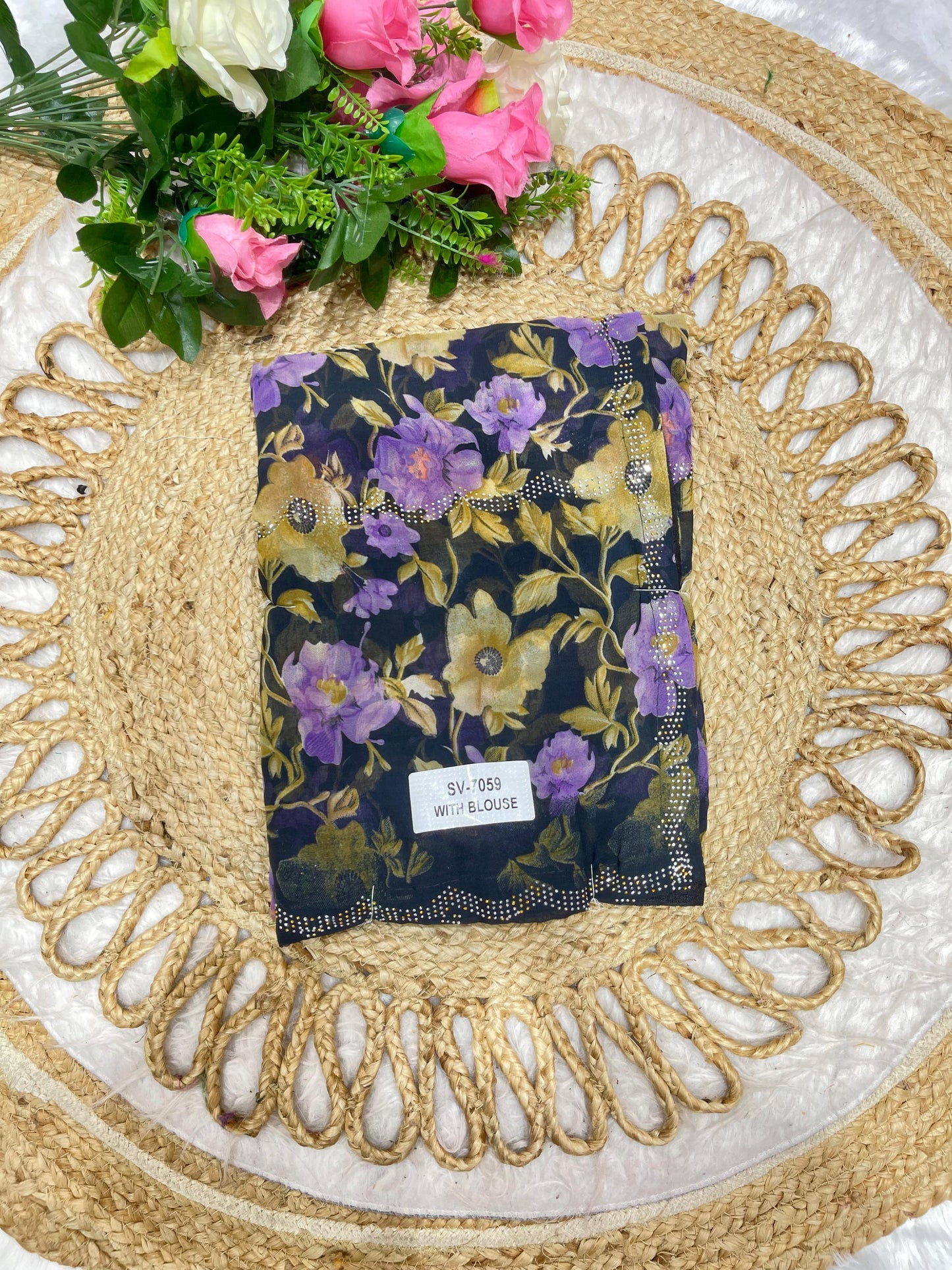 SV-7059 CHIFFON SAREE WITH BLACK COMMON WITH SIROSKI ALL OVER