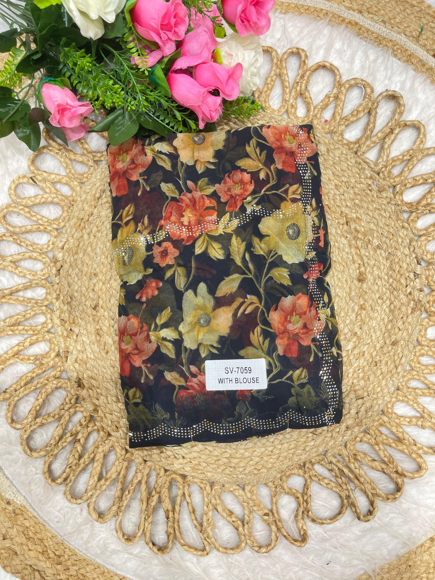 SV-7059 CHIFFON SAREE WITH BLACK COMMON WITH SIROSKI ALL OVER