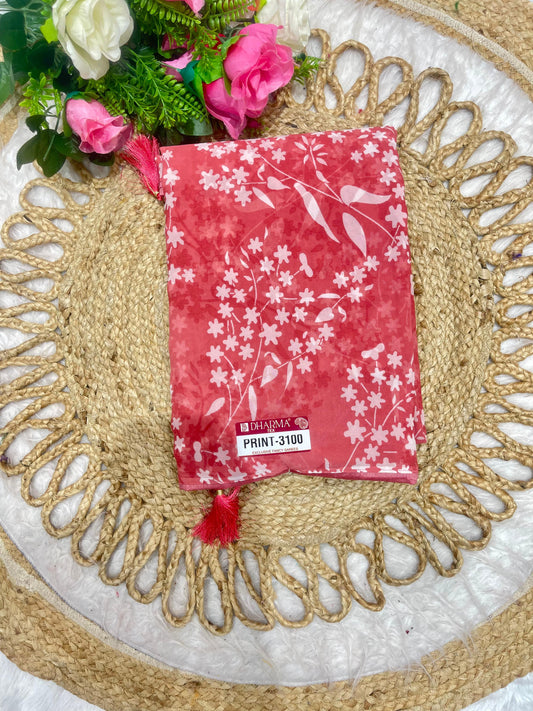 PRINT-3100 HEAVY WEIGHTLESS SAREE WITH BEAUTIFUL WHITE COMMOM FLORAL PRINT WITH PIPING AND LATKAN WITH BLOUSE, 6.30 MTR CUT