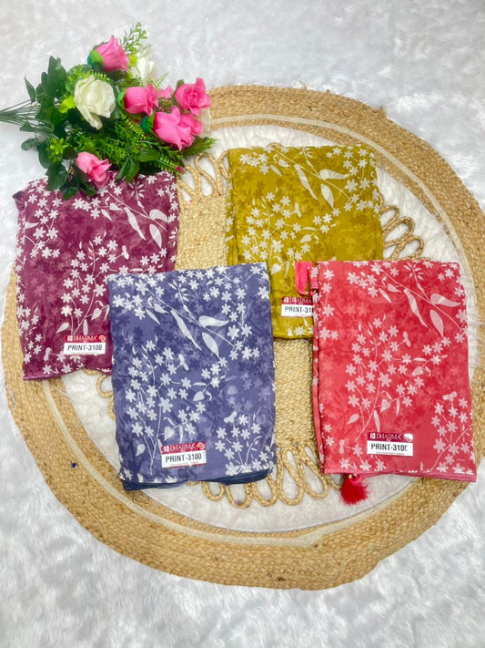 PRINT-3100 HEAVY WEIGHTLESS SAREE WITH BEAUTIFUL WHITE COMMOM FLORAL PRINT WITH PIPING AND LATKAN WITH BLOUSE, 6.30 MTR CUT