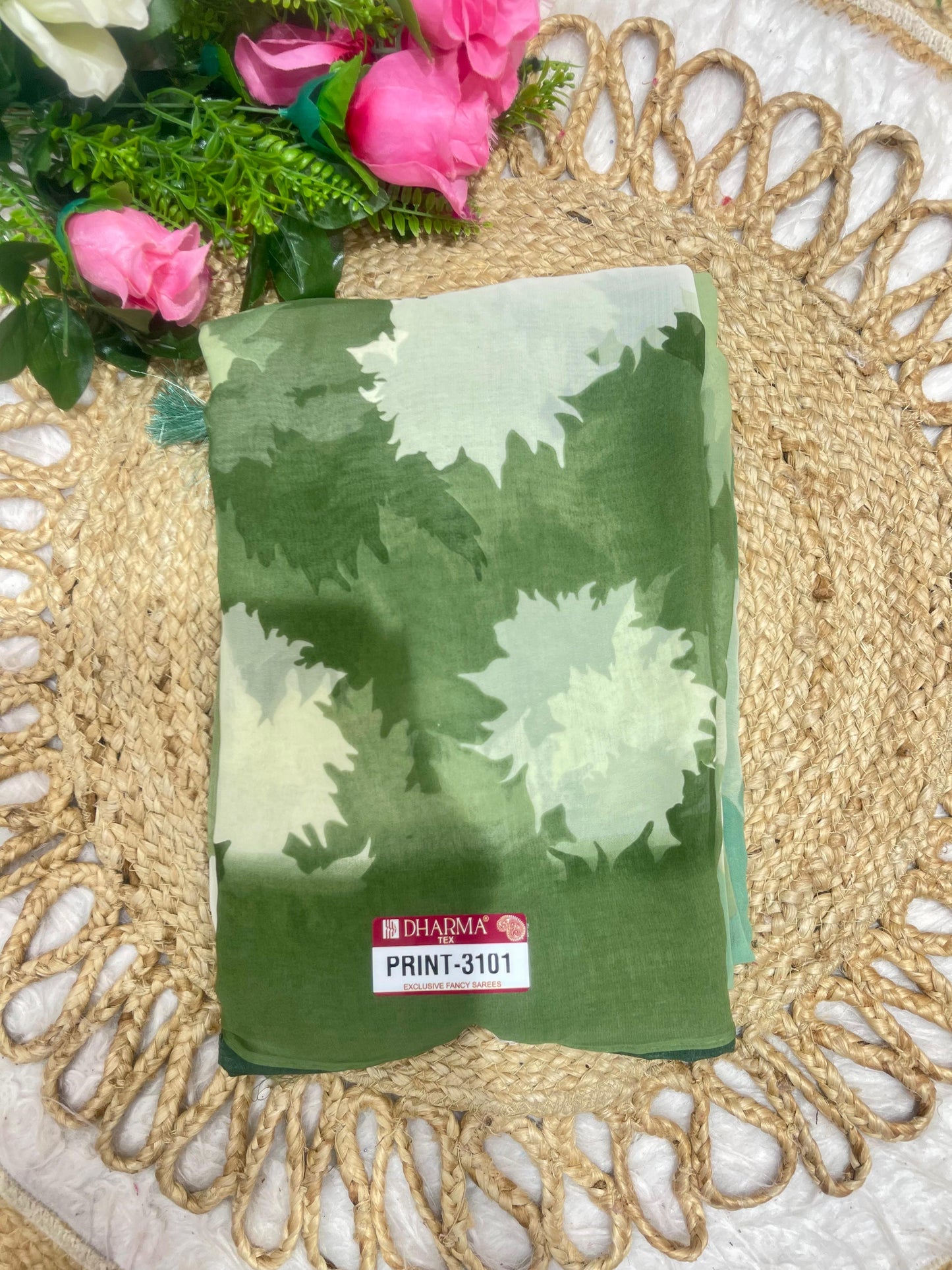 PRINT-3101 HEAVY WEIGHTLESS SAREE WITH BEAUTIFUL WHITE COMMOM FLORAL PRINT WITH PIPING AND LATKAN WITH BLOUSE, 6.30 MTR CUT