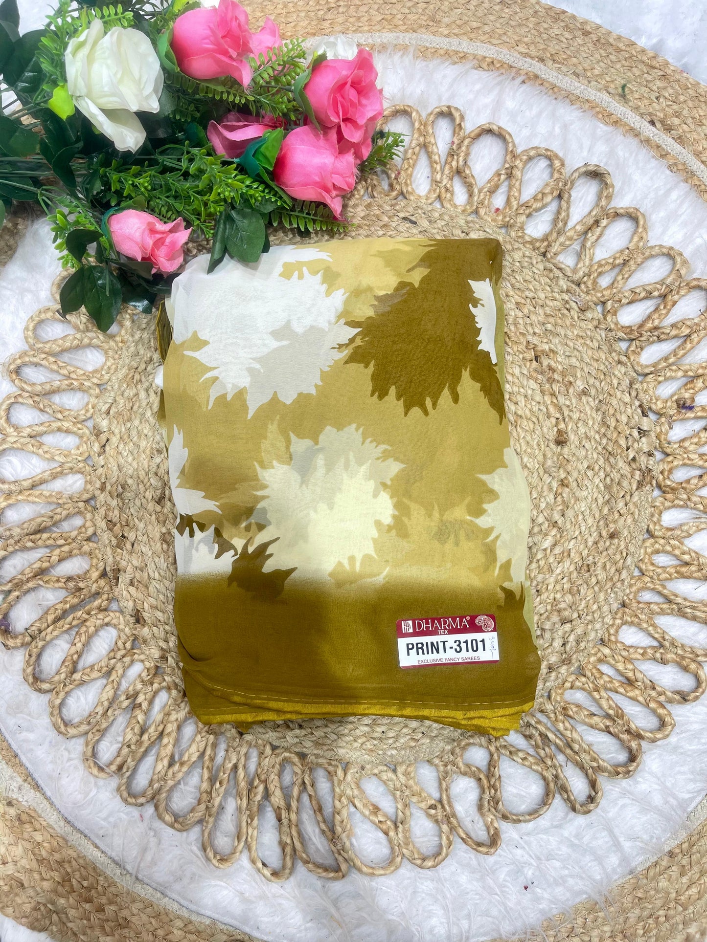 PRINT-3101 HEAVY WEIGHTLESS SAREE WITH BEAUTIFUL WHITE COMMOM FLORAL PRINT WITH PIPING AND LATKAN WITH BLOUSE, 6.30 MTR CUT