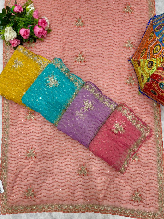 BS-JALWA-2 FENDI SAREE WITH SUPER HEAVY EMBORIDERY WORK WITH BOX THREAD WORK ON BODY WITH SEQUENCE WORK