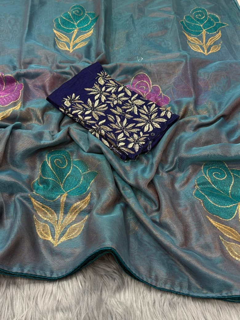 NN-2075 NC Soft Orgenza with orignal handpaint saree with pipping and tussels with Vichitra chiffon fabric with heavy handwork blouse