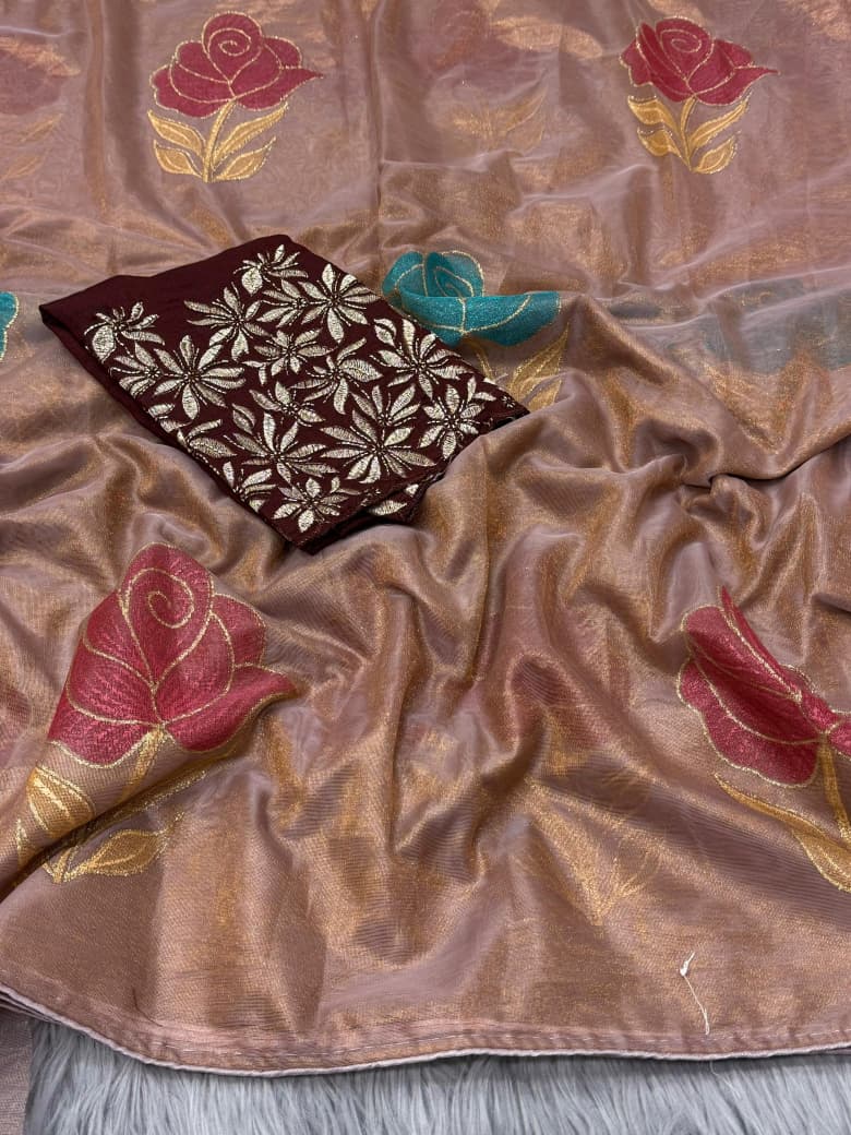 NN-2075 NC Soft Orgenza with orignal handpaint saree with pipping and tussels with Vichitra chiffon fabric with heavy handwork blouse