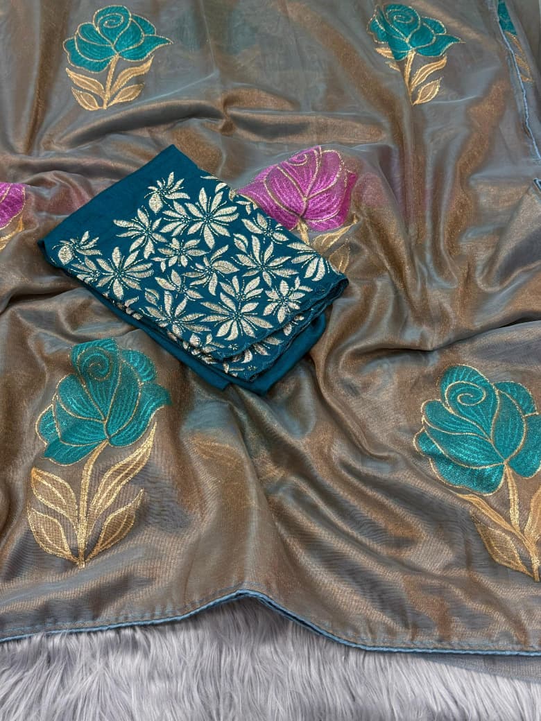 NN-2075 NC Soft Orgenza with orignal handpaint saree with pipping and tussels with Vichitra chiffon fabric with heavy handwork blouse