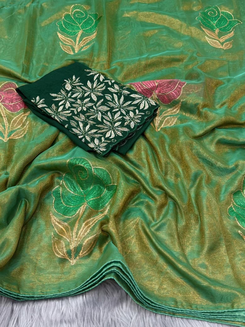 NN-2075 NC Soft Orgenza with orignal handpaint saree with pipping and tussels with Vichitra chiffon fabric with heavy handwork blouse