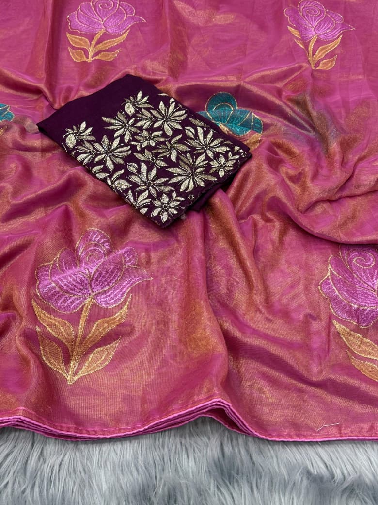 NN-2075 NC Soft Orgenza with orignal handpaint saree with pipping and tussels with Vichitra chiffon fabric with heavy handwork blouse