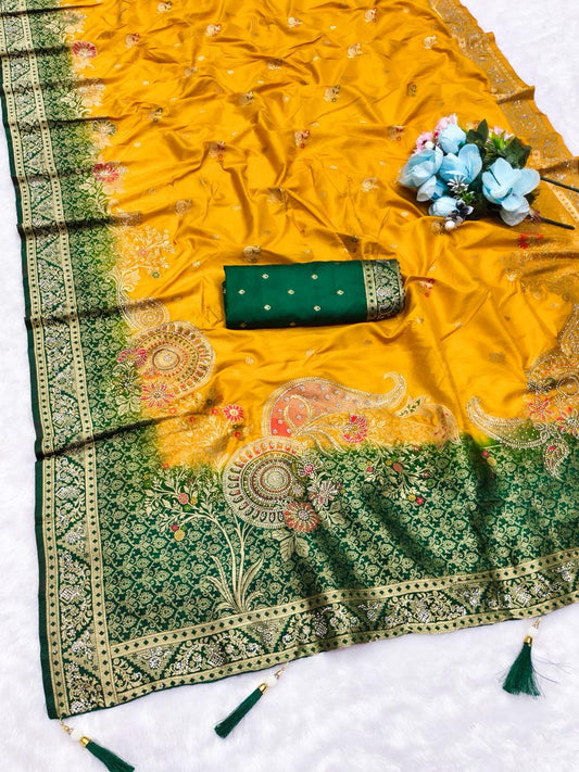 BS-LAPTOP DOLA SILK WITH BEAUTIFUL PALLU DESIGN WITH 2D DYING WITH DIAMOND WORK ALL OVER WITH CONTRAST BLOUSE