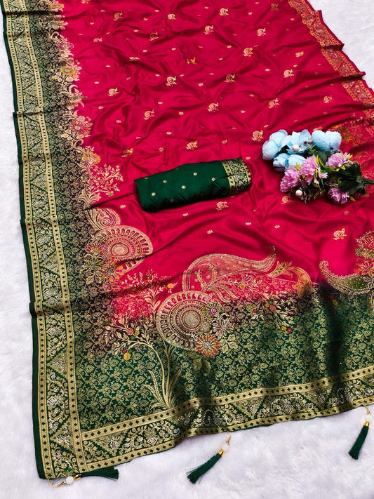 BS-LAPTOP DOLA SILK WITH BEAUTIFUL PALLU DESIGN WITH 2D DYING WITH DIAMOND WORK ALL OVER WITH CONTRAST BLOUSE