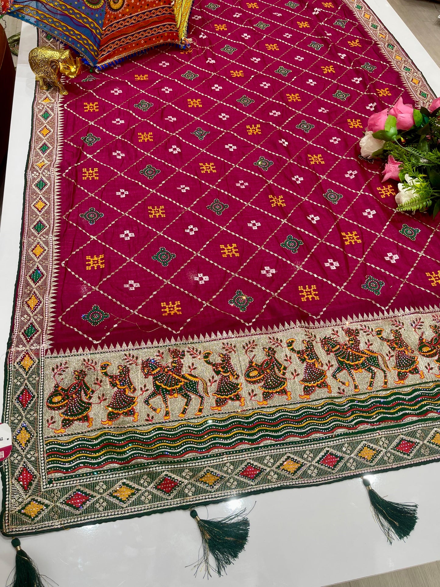 BS-CHANDA RANI VICHITRA SAREE WITH AWESOME BARAT DESIGN ON PALLU WITH GHATCHOLA PATTERN ON BODY WITH MULTI MEENA DESIGN WITH CONTRAST FIRMA BLOUSE