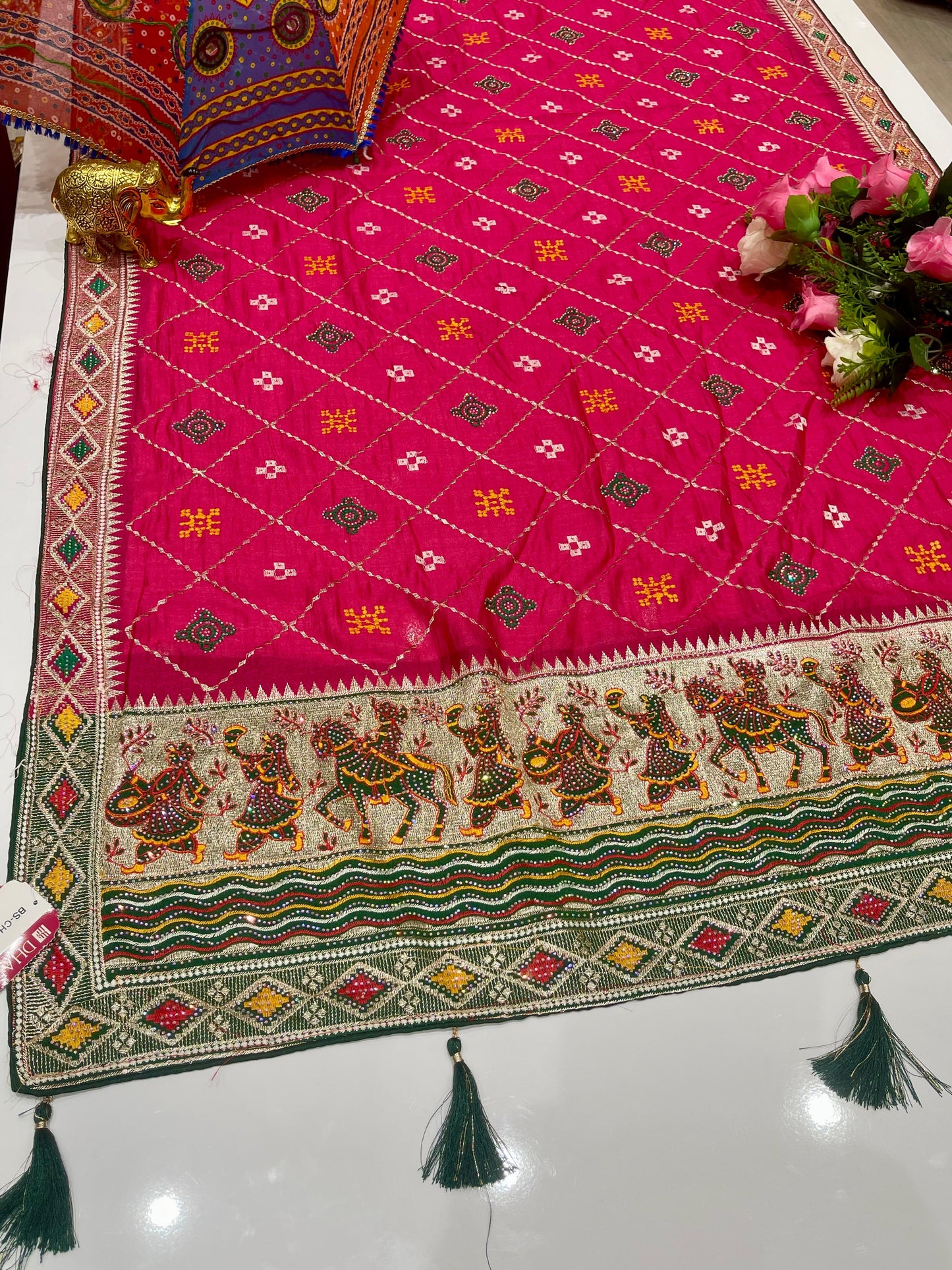 BS-CHANDA RANI VICHITRA SAREE WITH AWESOME BARAT DESIGN ON PALLU WITH GHATCHOLA PATTERN ON BODY WITH MULTI MEENA DESIGN WITH CONTRAST FIRMA BLOUSE