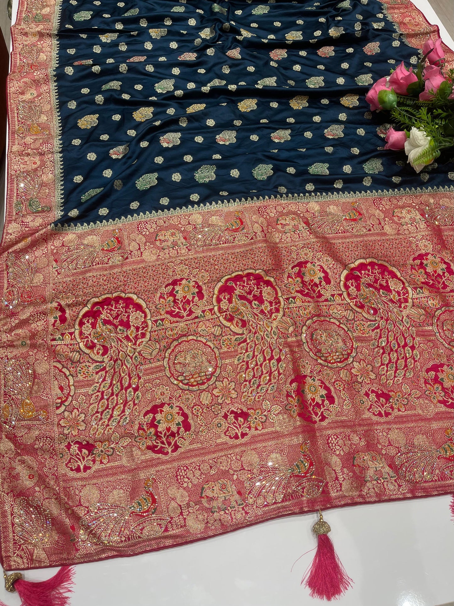 AJ-BARATI Dyeable Satin Silk with chaap dying with heavy jarkan work with proper figure to figure match with contrast pallu and blouse with heavy tassels