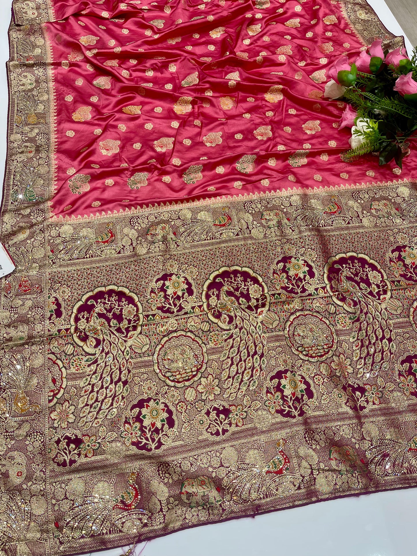 AJ-BARATI Dyeable Satin Silk with chaap dying with heavy jarkan work with proper figure to figure match with contrast pallu and blouse with heavy tassels