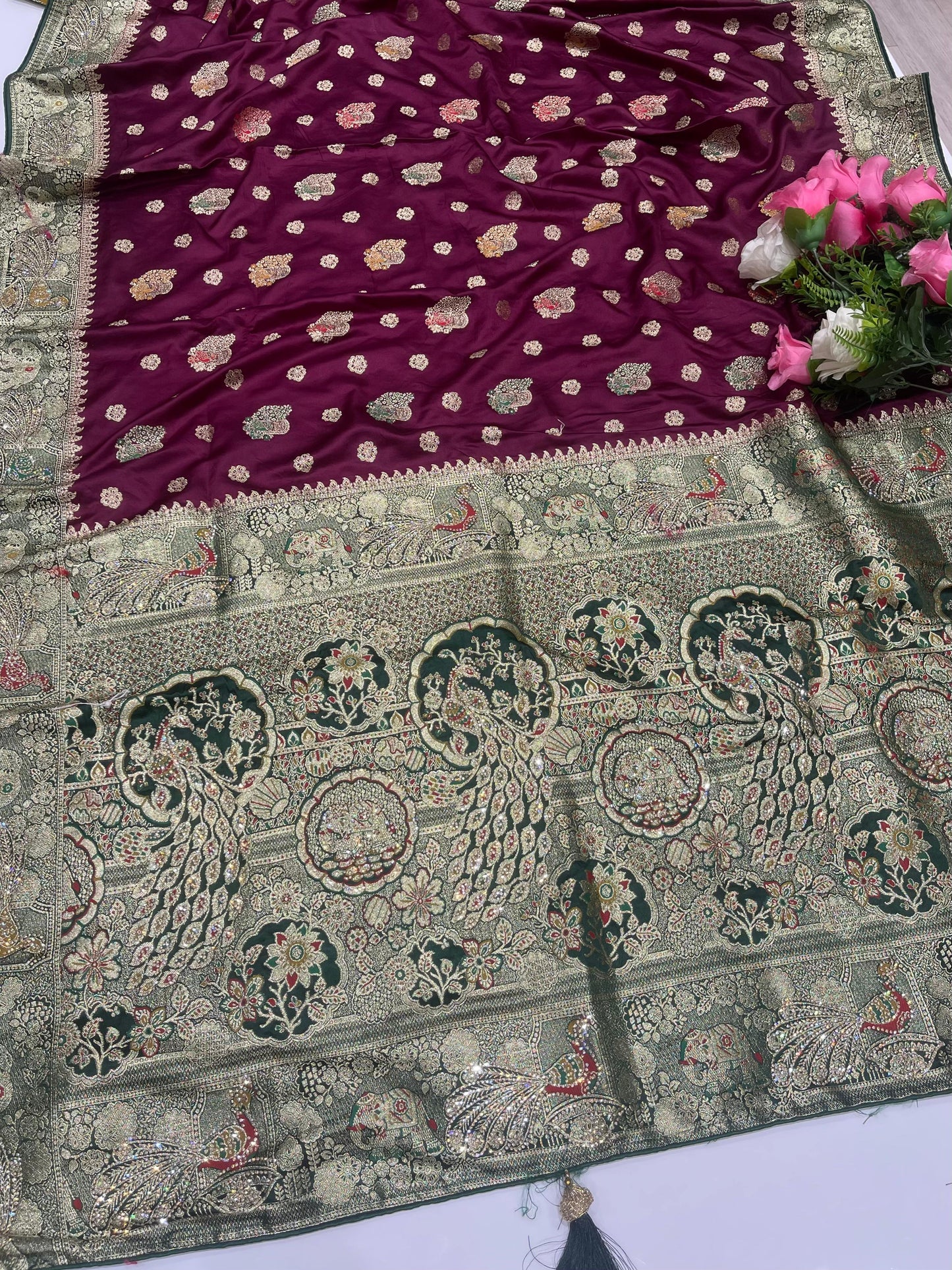 AJ-BARATI Dyeable Satin Silk with chaap dying with heavy jarkan work with proper figure to figure match with contrast pallu and blouse with heavy tassels