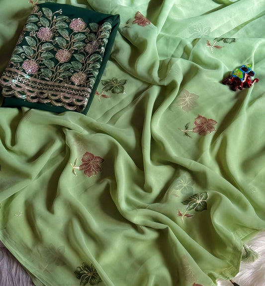 NN-2080 georgette padding fabric with hand brush with gliter border with contrast work heavy sequence embroidary blouse