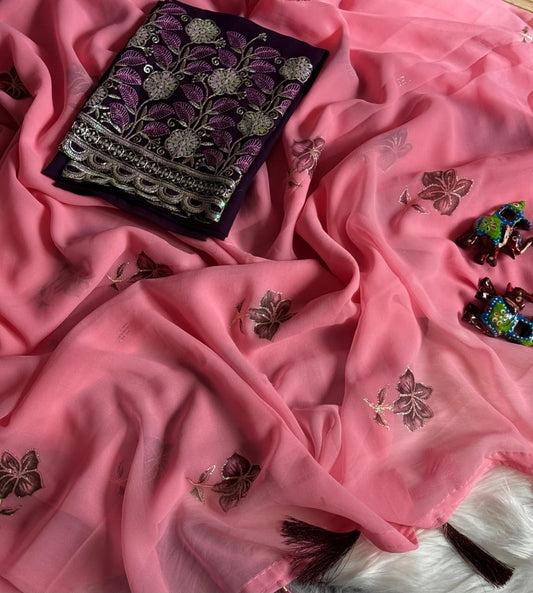 NN-2080 georgette padding fabric with hand brush with gliter border with contrast work heavy sequence embroidary blouse