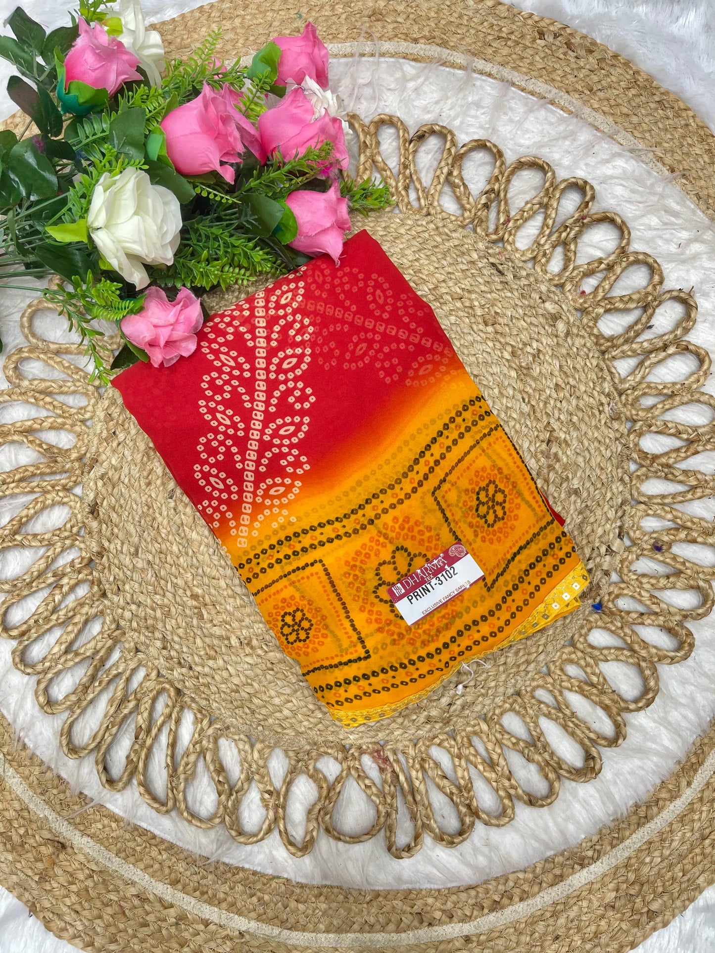 PRINT-3102 HEAVY WEIGHTLESS SAREE BEAUTIFUL CHUNRI PRINT WITH SEQUENCE AND PETHA LACE WITH BLOUSE 6.30 MTR CUT