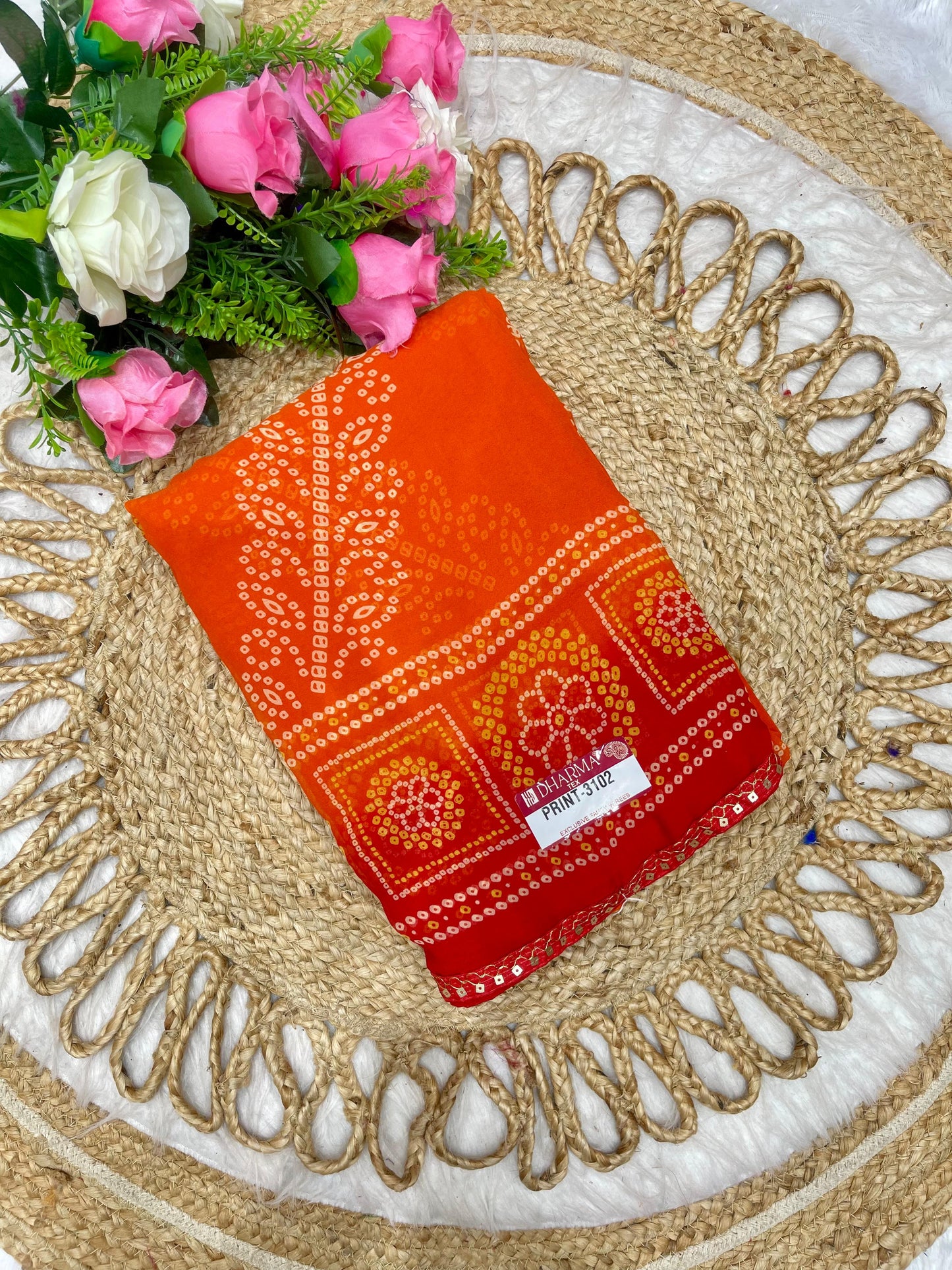 PRINT-3102 HEAVY WEIGHTLESS SAREE BEAUTIFUL CHUNRI PRINT WITH SEQUENCE AND PETHA LACE WITH BLOUSE 6.30 MTR CUT