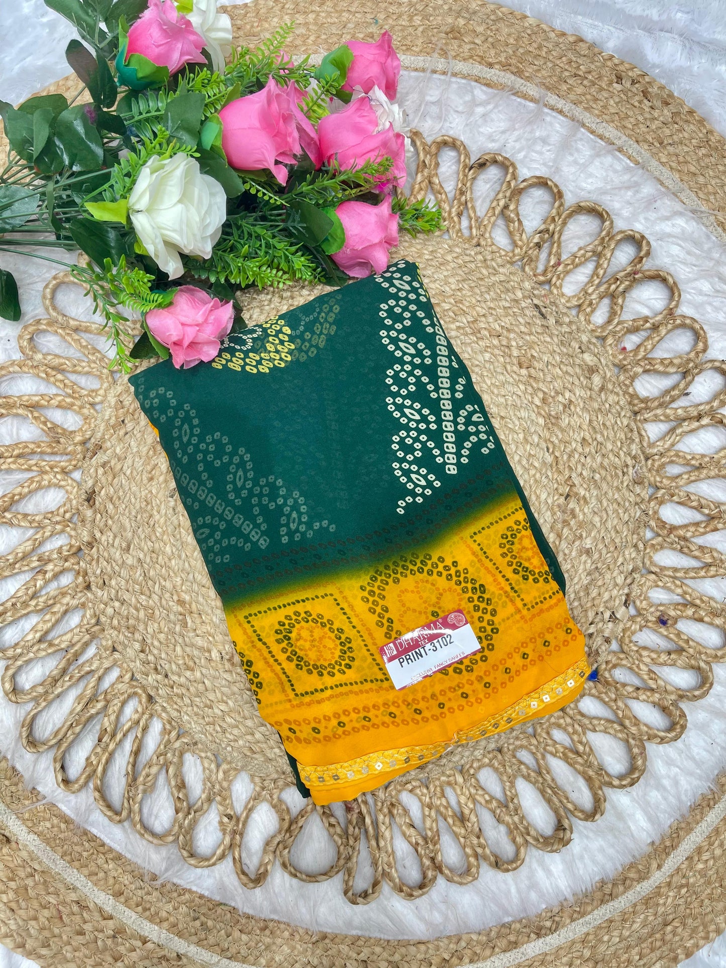 PRINT-3102 HEAVY WEIGHTLESS SAREE BEAUTIFUL CHUNRI PRINT WITH SEQUENCE AND PETHA LACE WITH BLOUSE 6.30 MTR CUT