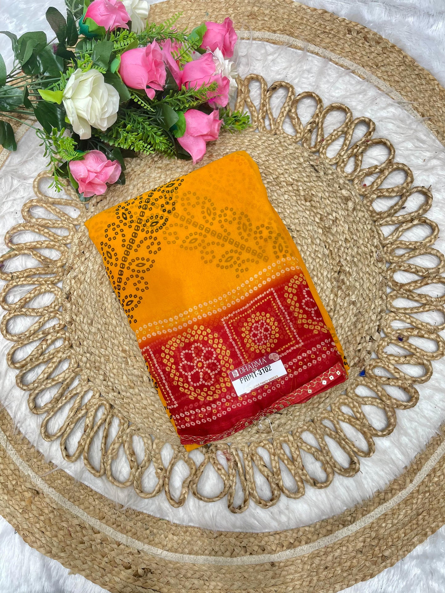 PRINT-3102 HEAVY WEIGHTLESS SAREE BEAUTIFUL CHUNRI PRINT WITH SEQUENCE AND PETHA LACE WITH BLOUSE 6.30 MTR CUT