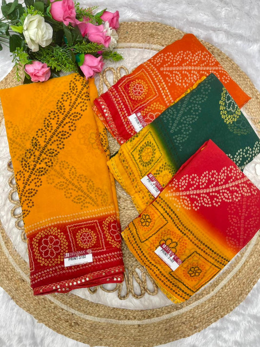 PRINT-3102 HEAVY WEIGHTLESS SAREE BEAUTIFUL CHUNRI PRINT WITH SEQUENCE AND PETHA LACE WITH BLOUSE 6.30 MTR CUT