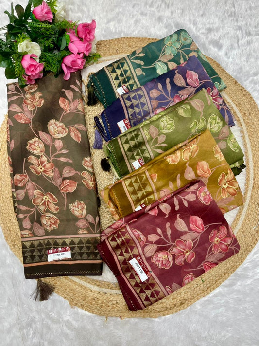 PRINT-3103 MUL MUL BRASSO SAREE WITH BEAUTIFUL FLOWER PURE BRASSO TASTE WITH FOIL PRINT WITH DMC SIROSKI ON BORER WITH PIPING LATKAN AND SUPER TRENDING FIRMA BLOUSE