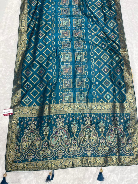 AJ-ELEPHANT EUROPIAN DOLA SILK WITH RICH PALLU WITH SPEICAL BANDANI MIX WITH PATOLA DESIGN SUPER TRENDING ARTICLE WITH LUXURY TASSELS