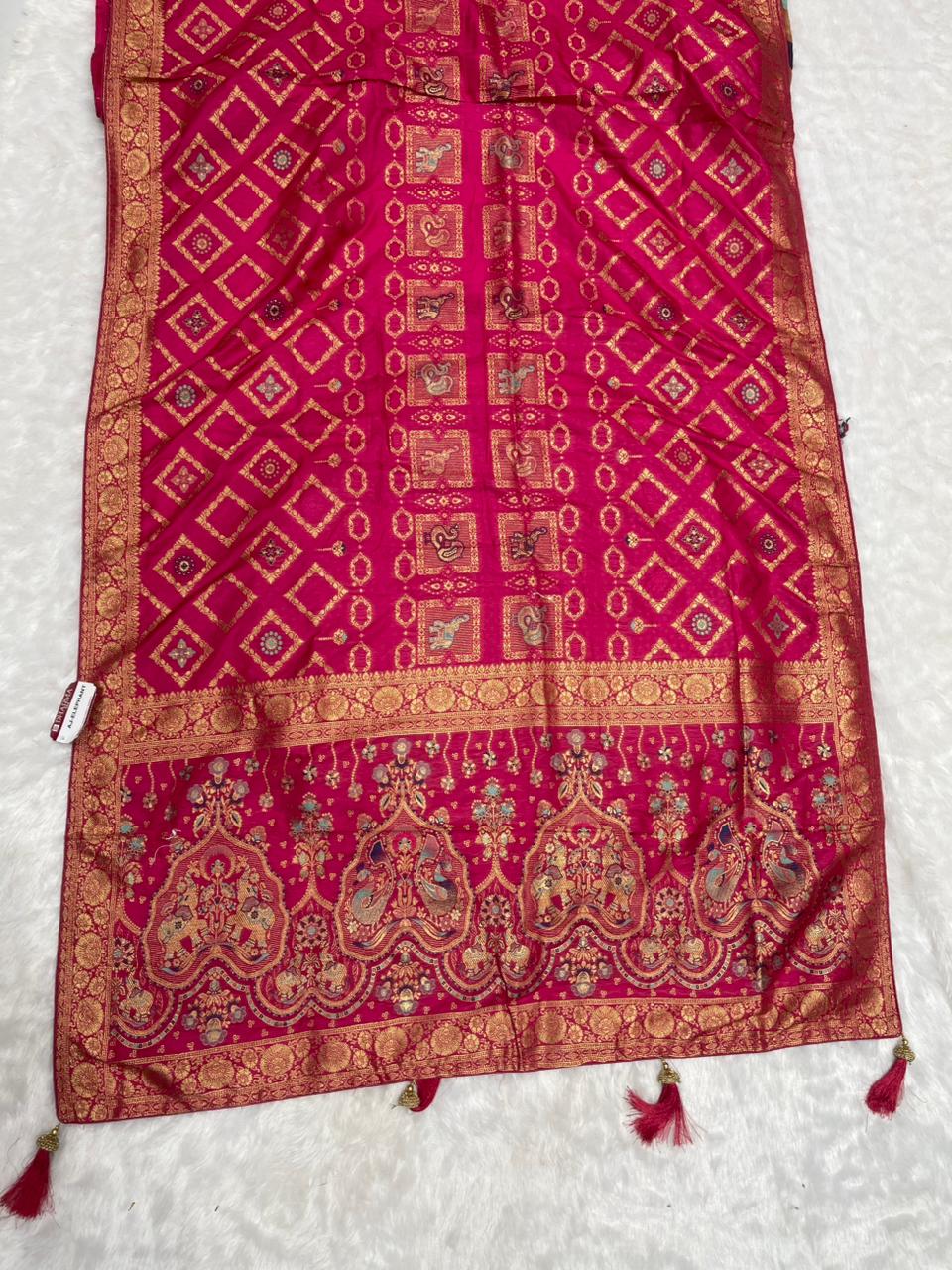 AJ-ELEPHANT EUROPIAN DOLA SILK WITH RICH PALLU WITH SPEICAL BANDANI MIX WITH PATOLA DESIGN SUPER TRENDING ARTICLE WITH LUXURY TASSELS