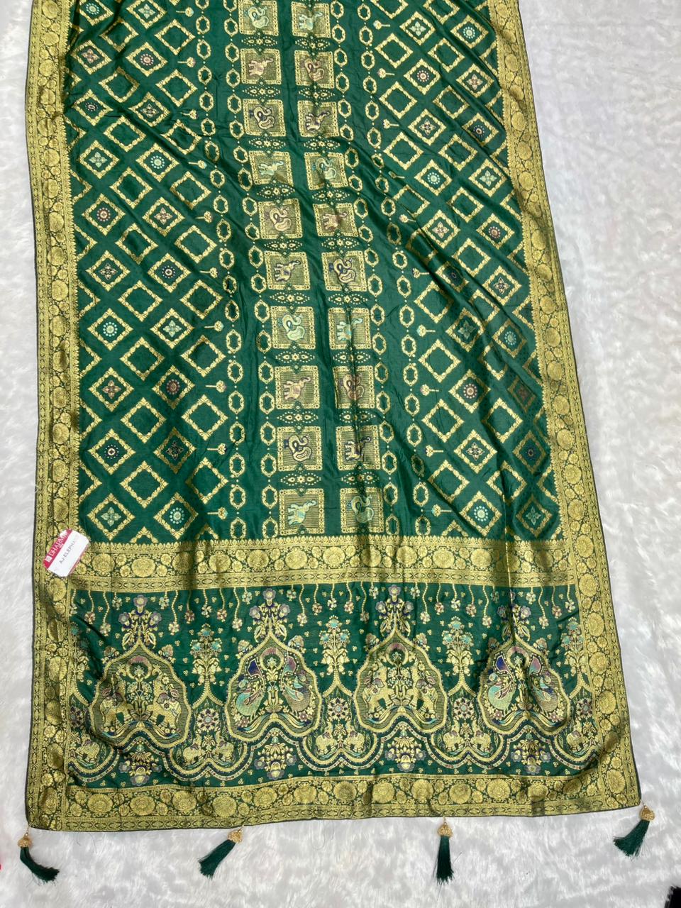 AJ-ELEPHANT EUROPIAN DOLA SILK WITH RICH PALLU WITH SPEICAL BANDANI MIX WITH PATOLA DESIGN SUPER TRENDING ARTICLE WITH LUXURY TASSELS