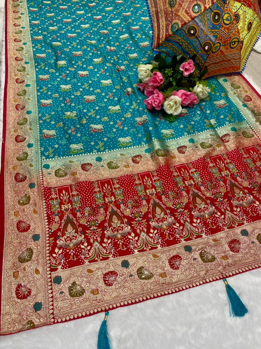 BS-TIM-TIM EUROPIAN DOLA SILK SAREE WITH 2D DYING WITH HEAVY MEENA WORK WITH JARKAN SIROSKI WORK WITH CONTRAST BORDER