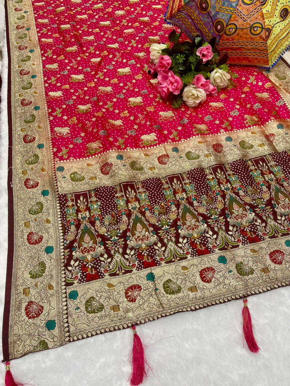 BS-TIM-TIM EUROPIAN DOLA SILK SAREE WITH 2D DYING WITH HEAVY MEENA WORK WITH JARKAN SIROSKI WORK WITH CONTRAST BORDER