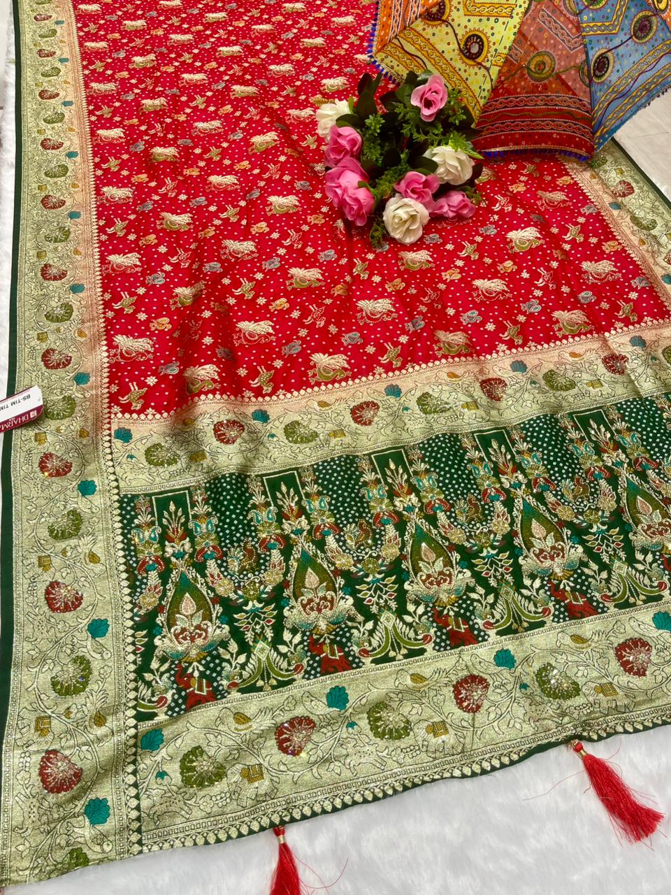 BS-TIM-TIM EUROPIAN DOLA SILK SAREE WITH 2D DYING WITH HEAVY MEENA WORK WITH JARKAN SIROSKI WORK WITH CONTRAST BORDER