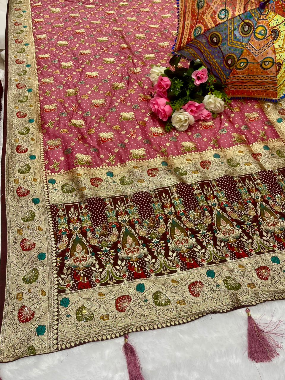 BS-TIM-TIM EUROPIAN DOLA SILK SAREE WITH 2D DYING WITH HEAVY MEENA WORK WITH JARKAN SIROSKI WORK WITH CONTRAST BORDER