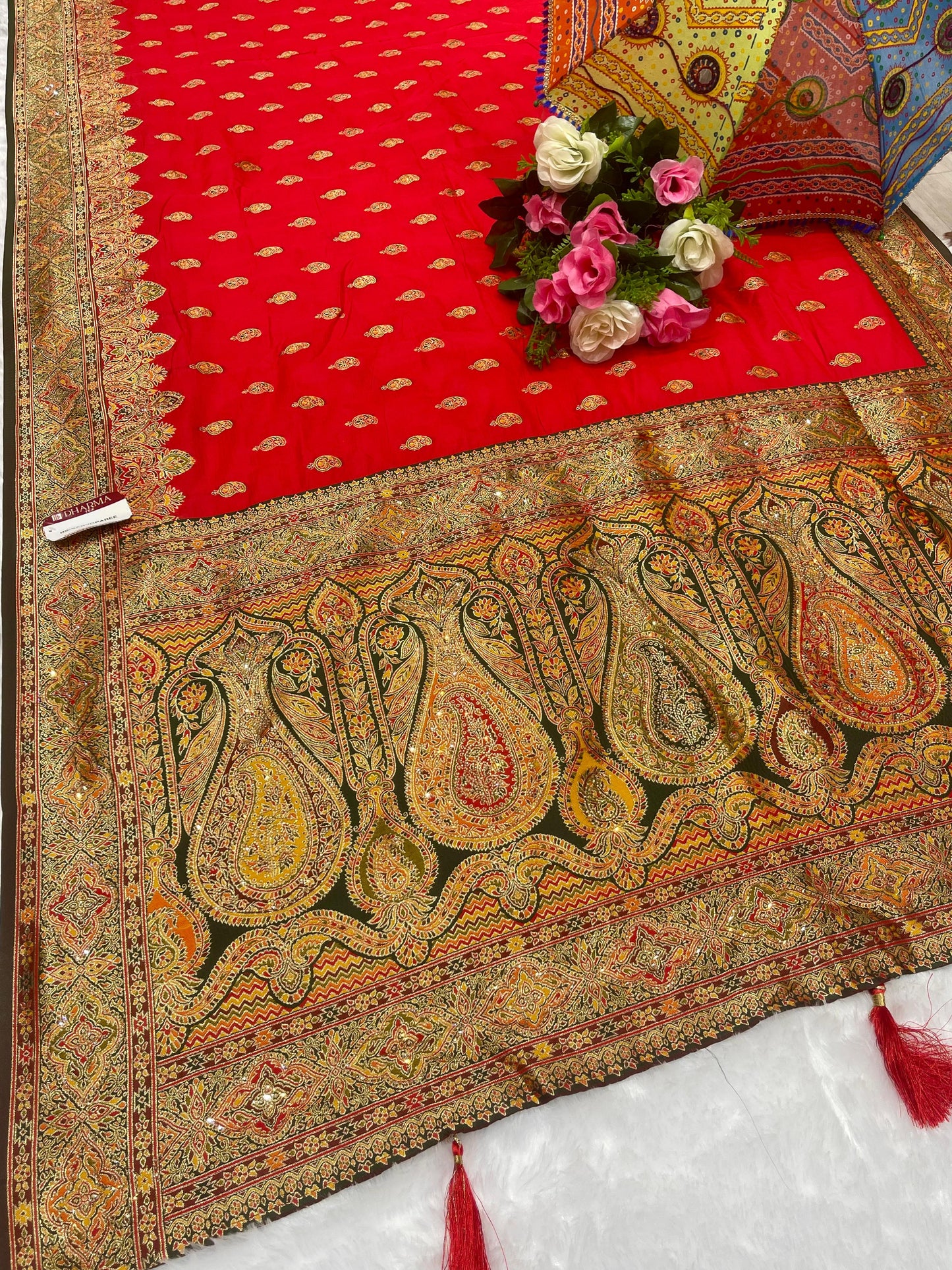 BS-SARVOPAREE UROPIAN DOLA SILK SAREE WITH HEAVY MULTI MEENA DESIGN WITH HEAVY RICH PALLU WITH BEAUTIFUL DAMAN WORK WITH CONTRAST BORDER AND BLOUSE AND HEAVY JARKAN
